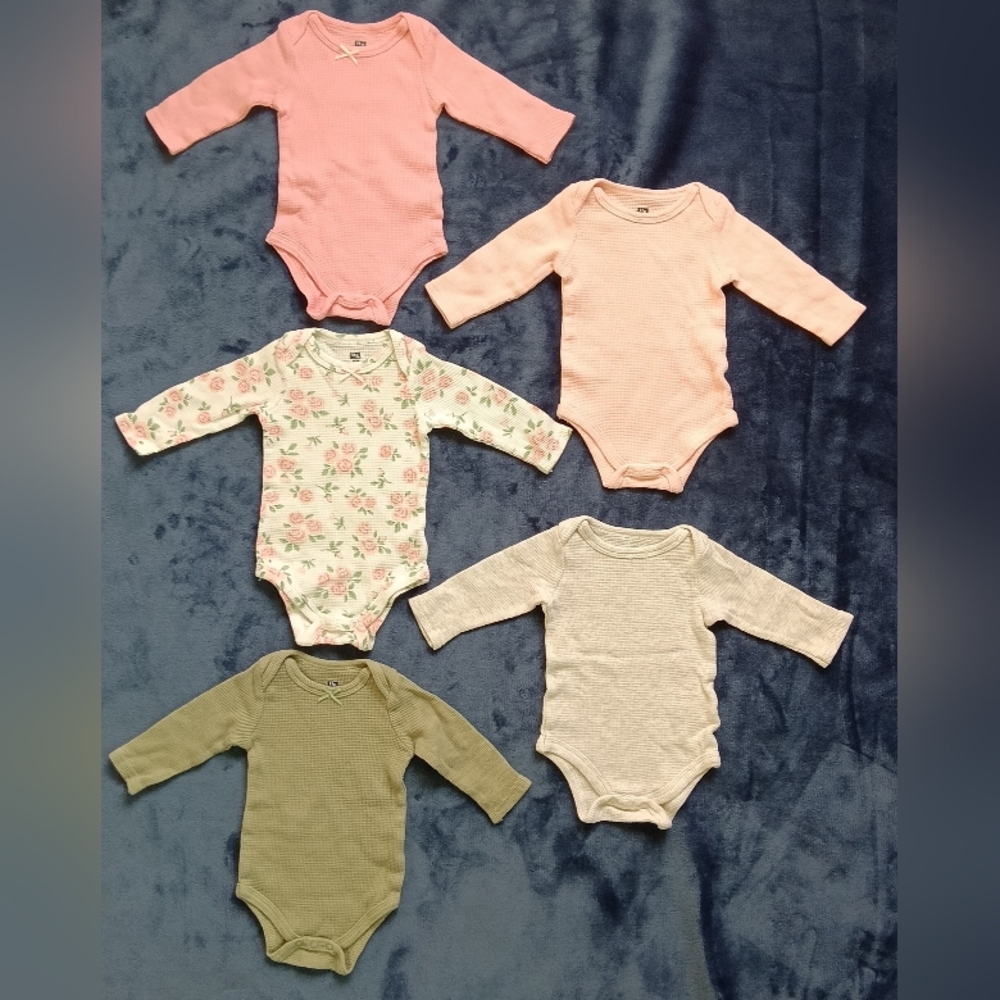 Set Of 5 Hudson Baby Girls Waffle Long Sleeve Bodysuit Onesie 0-3M 100% Cotton